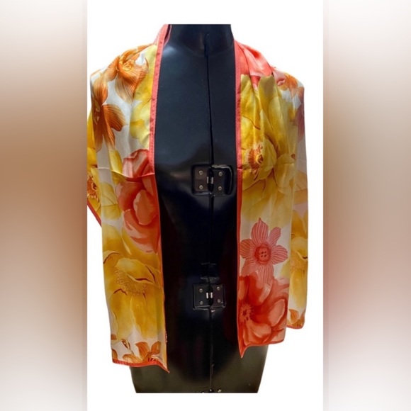 Adrienne Landau Floral Yellow Red 100% Silk Long Scarf - Picture 2 of 6